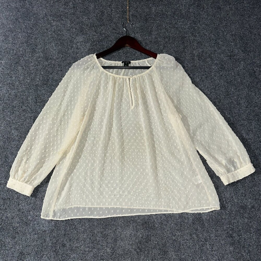 J Crew Blouse Womens Small  Swiss Dot Peasant Sheer Keyhole Neck Long Sleeve Top